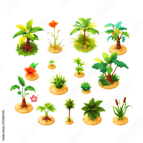 Various tropical plants and flowers including palm trees hibiscus and reeds on sandy islands
