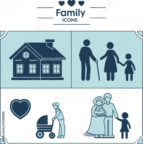 Collection of family icons featuring home generations baby stroller and heart symbol