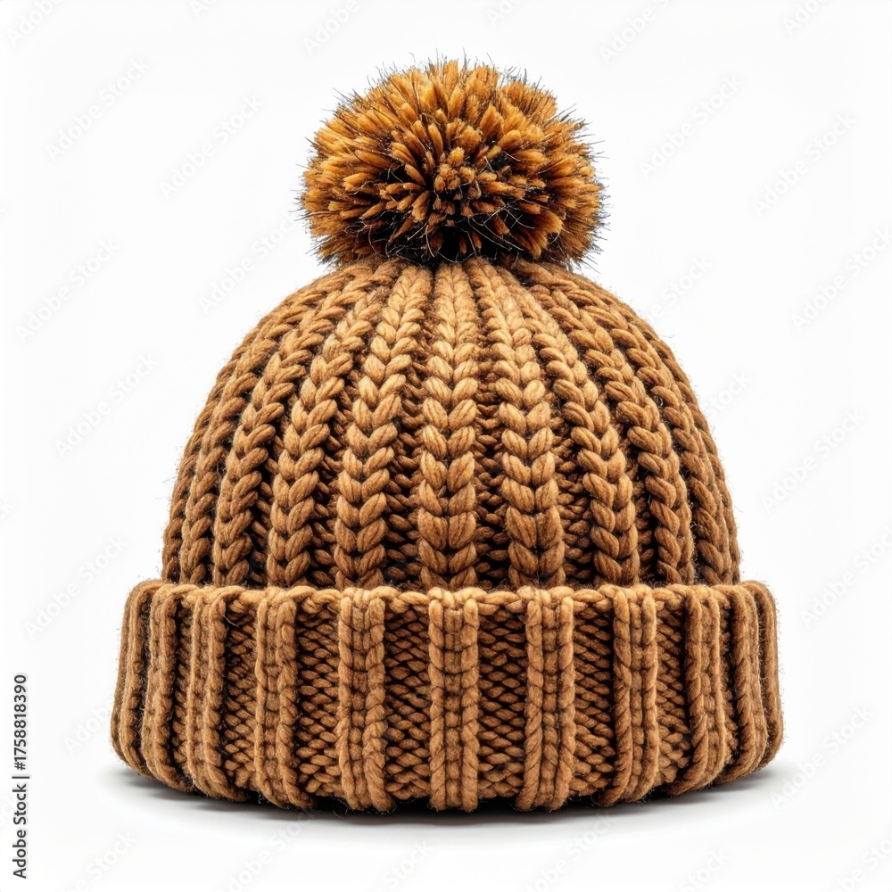 Fototapeta premium Knitted Brown Winter Hat with Pompom on White Background Isolated