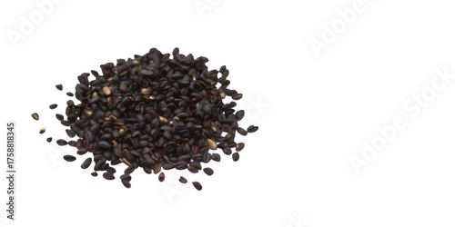 A pile of black rice seeds scattered on a transparent background showing individual grains