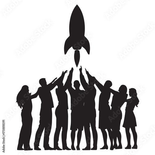 Diverse group of silhouetted people working together to launch a rocket into the sky symbolizing teamwork and success