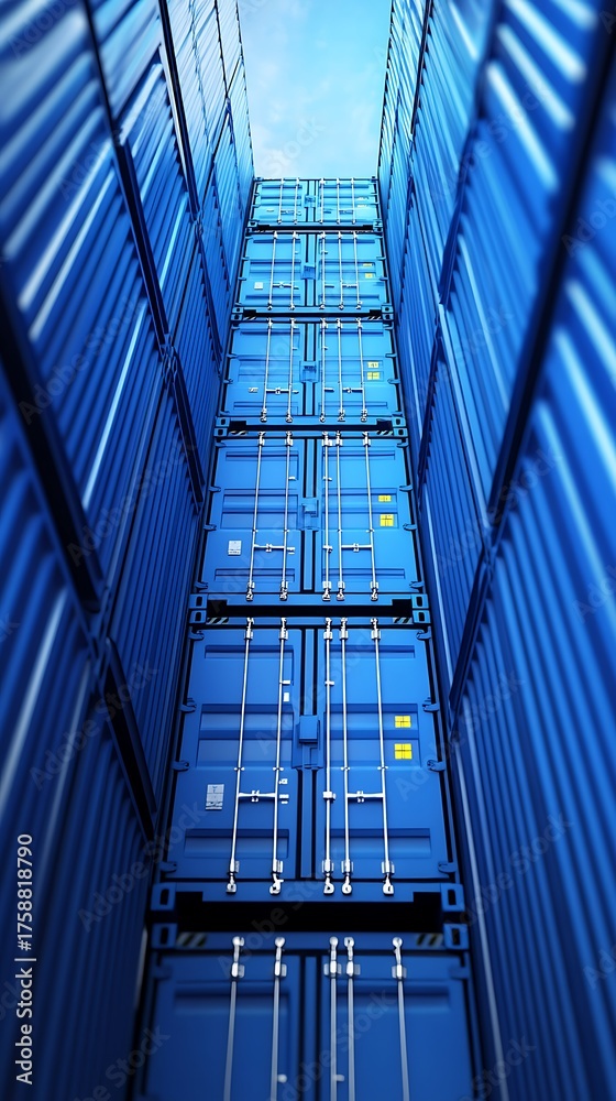 Obraz premium Towering stacks of blue shipping containers reaching towards the sky