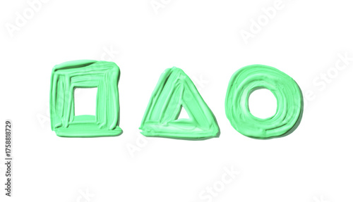 Green square triangle circle shapes on white background in thick brushstroke style.
