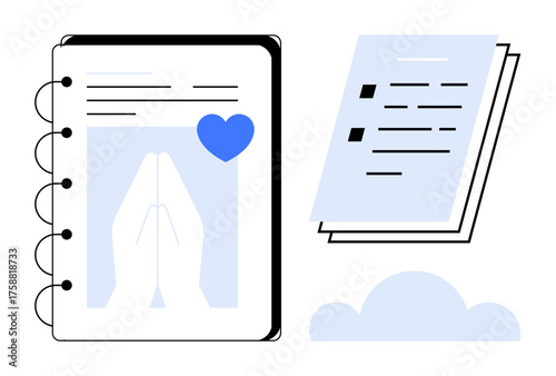 Notebook with prayer hands and heart icon, cloud at bottom, stacked document pages. Ideal for spirituality, mindfulness, faith, journaling, meditation devotion self-expression. Simple flat metaphor