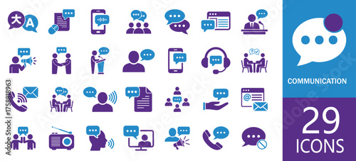 Set of Communication icons. messaging, chat, dialogue, conversation, speech bubble, interaction, connection, network, people, group, team, collaboration, meeting, discussion and more. solid icons