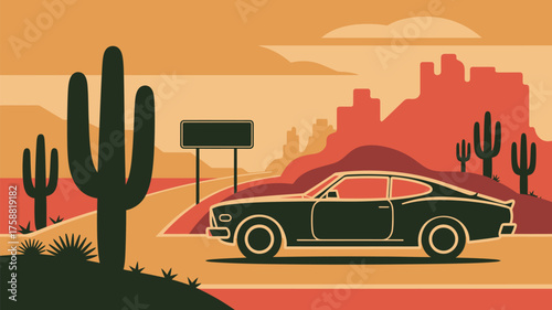 Classic car driving on a desert road with cacti and mountains in a stylized orange and green design