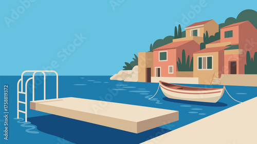 A coastal scene featuring a diving board boat and buildings along the shoreline on a sunny day view of the sea