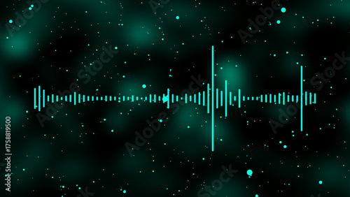 Cyan sound wave visualization with glowing particles in dark space audio waveform