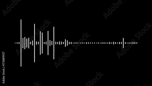 White Sound Waveform Graphic on Black Background Keywords: sound wave, audio, waveform, equalizer, music, sound, voice, signal, graphic, design, illustration, white, line, bars, digital