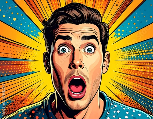 Pop art portrait of an astonished man with wide eyes and open mouth