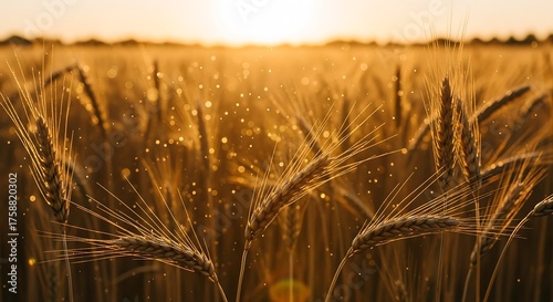 Golden wheat field bathed in warm sunset light