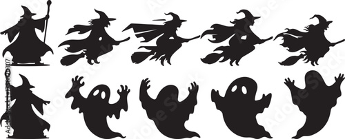 Halloween Witches and Ghosts Silhouette Set - Spooky Icons Vector. Black Halloween silhouettes: witches flying on brooms and spooky ghosts. Perfect for holiday, party, scary, or fantasy-themed designs
