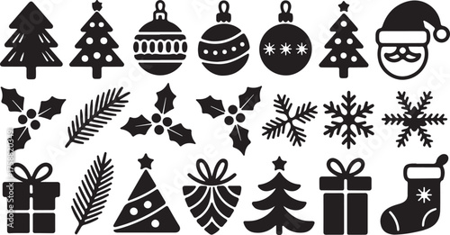 Collection of black Christmas icons and symbols
