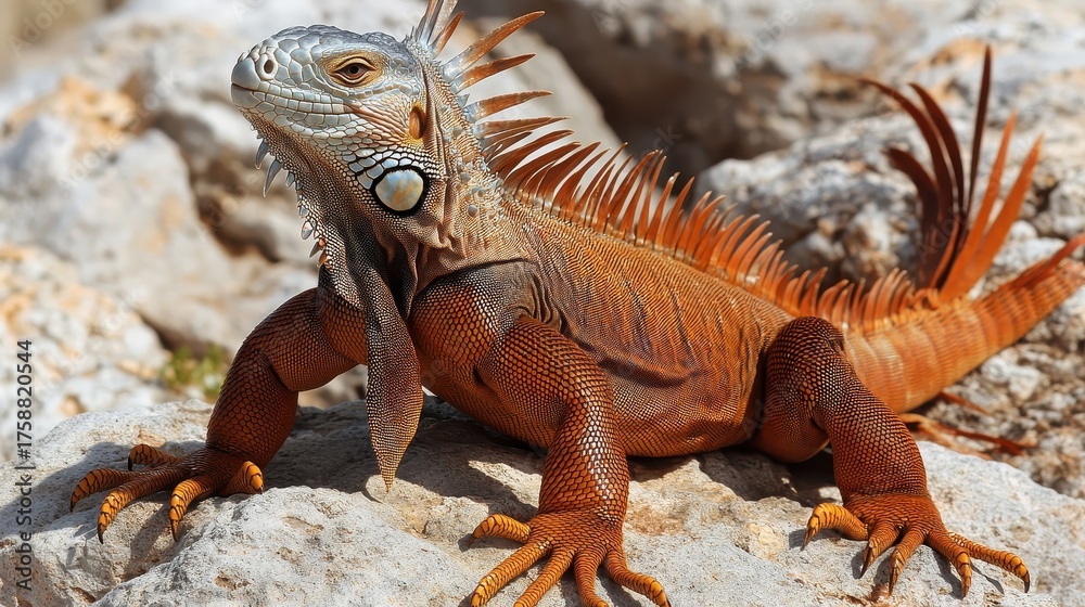 Obraz premium Green Iguana Basking on a Sunlit Rock Showing Textured Scales