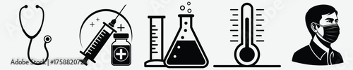 Medical icons stethoscope microscope lab equipment thermometer and masked person vector