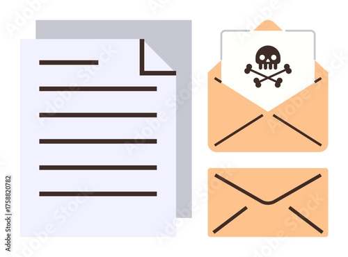 Open document, two envelopes, and a malicious letter with a skull graphic. Ideal for cybersecurity, email scams, hacking, data breaches, phishing, online threats simple flat metaphor