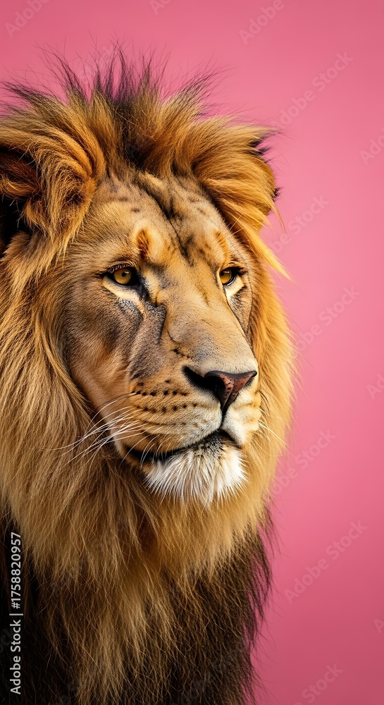 Fototapeta premium Close-up portrait of a majestic lion against a vibrant pink backdrop, highlighting the animal's detailed features and mane.