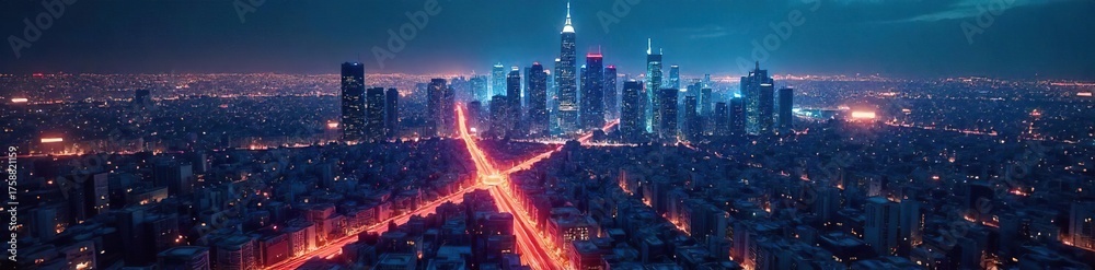 Fototapeta premium Futuristic Nightscape Glowing Digital Network, Abstract City Blueprint of Global Connectivity