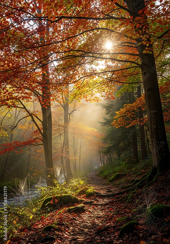 Fototapeta premium A sun-drenched forest path, bathed in autumnal hues, winds through a misty woodland.