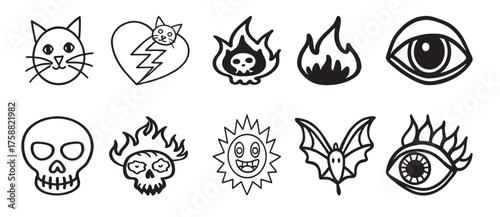 Collection of hand-drawn skulls flames bats eyes and broken hearts graphics silhouette