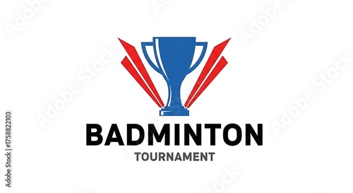 Photo of blue badminton tournament trophy with red wings, isolated on white background
