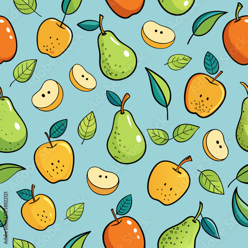 Seamless pattern of colorful cartoon apples and pears with green leaves on a light blue background