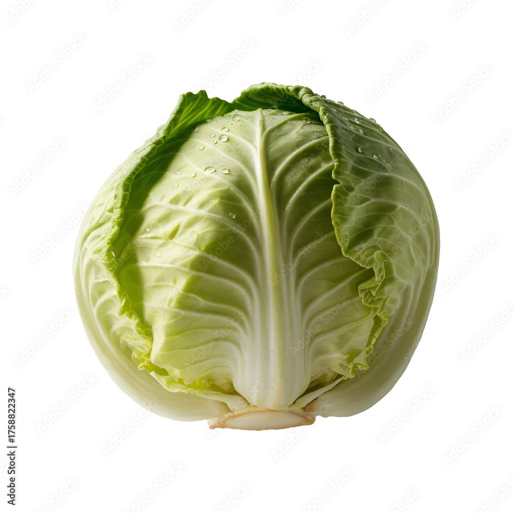 Fototapeta premium A fresh, whole green cabbage with crisp leaves and water droplets, isolated on a clean white background.