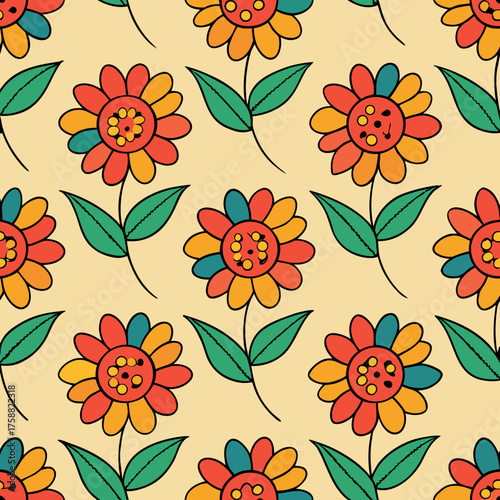 Retro style colorful flowers seamless pattern with green leaves on a pale yellow background