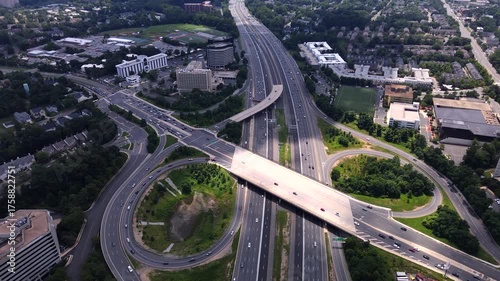 Tyson, Virginia freeway and residential area seen from above on sunny day

