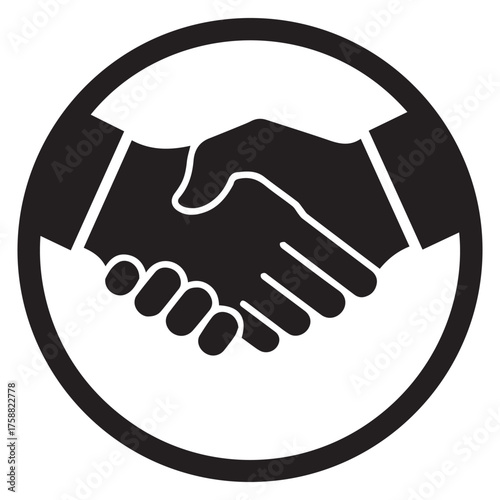 Simple black and white icon of two hands shaking firmly inside a circle representing agreement partnership and trust