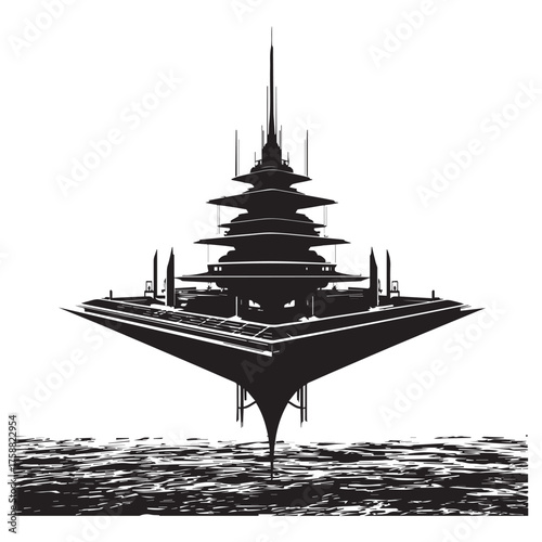 Striking silhouette of a futuristic tiered architectural structure or spacecraft hovering above a textured water surface