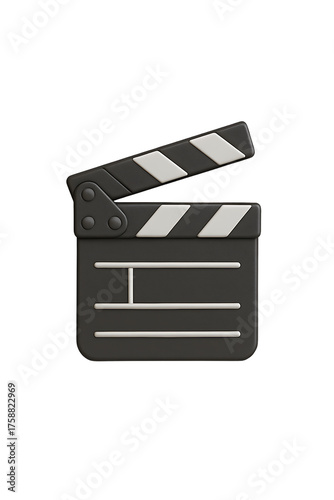 A black clapperboard with white stripes used in filmmaking.