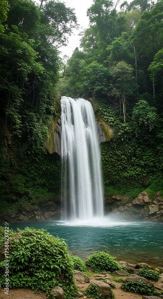 Naklejka premium Lush greenery surrounds a tranquil waterfall cascading into a serene pool of turquoise water.