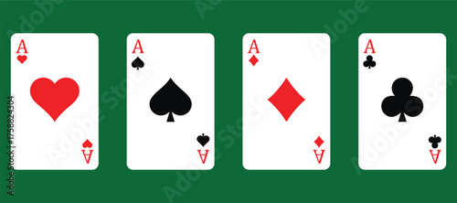 Four Aces Playing Card Icon Set – Poker Hand Winning Combination with Hearts, Clubs, Diamonds,
 and Spades Suits – Casino and Gambling Vector Illustration
