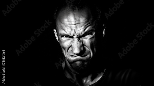 Angry man portrait with intense facial expression in dramatic black and white. Stress, frustration, rage emotion, aggression, fury, tension, mental health, psychological distress concept.