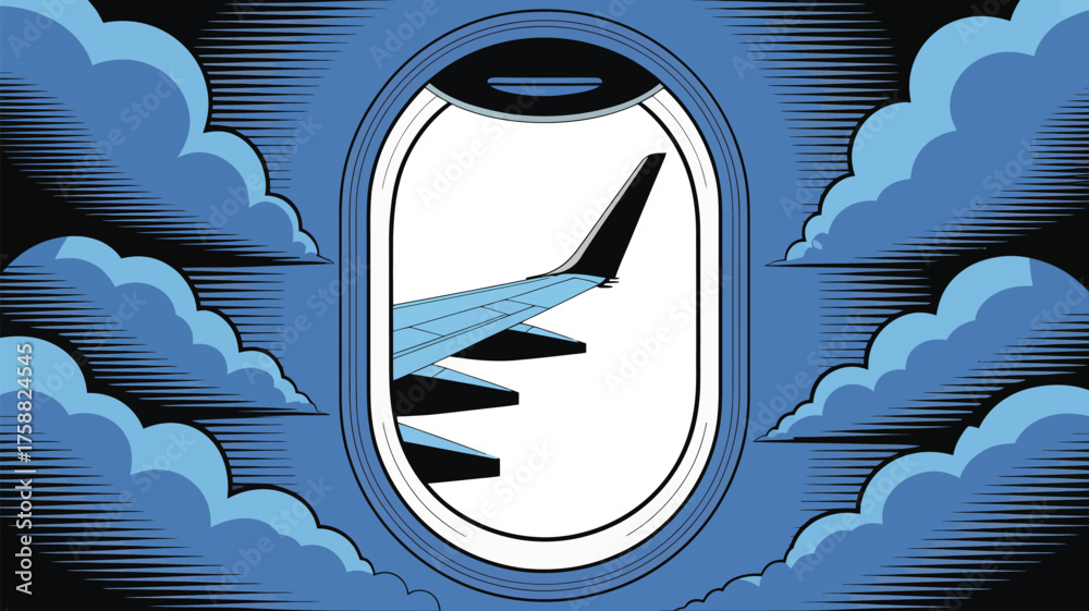 Obraz premium A view from an airplane window showing the wing and clouds with a comic book style illustration