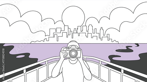 Person taking picture of city skyline from boat at sunset in line art style with purple water view