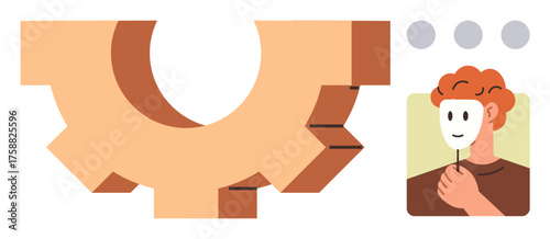 Person holding theatrical mask beside large overlapping gear shapes. Ideal for concepts of identity, psychology, self-discovery, personal growth, technology integration, engineering, and problem