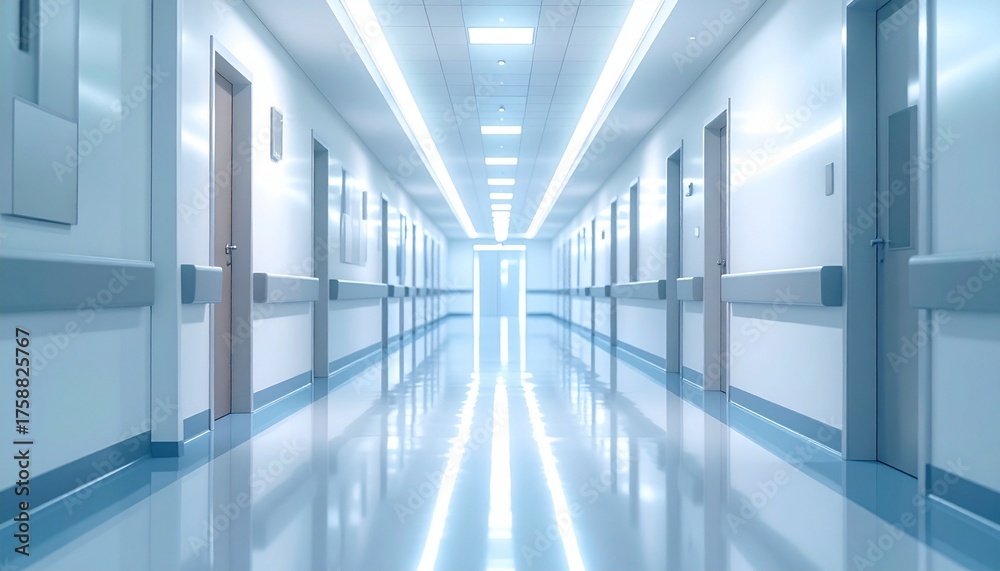 Obraz premium Clean, modern hospital corridor with bright lighting and reflective floors.