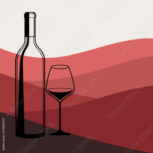 Vector art of wine bottle and glass on red background
