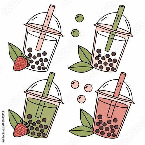 Vector art of various bubble tea flavors with toppings