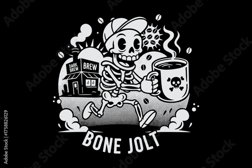 Cartoon Skeleton Running with Coffee Mug from Coffee Shop.