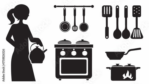 Cooking time silhouette with chef, stove, and utensils for culinary arts or home design projects