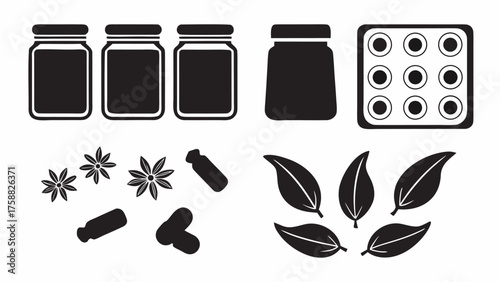 Charming black and white spice collection icon set for culinary designs, perfect for food blogs