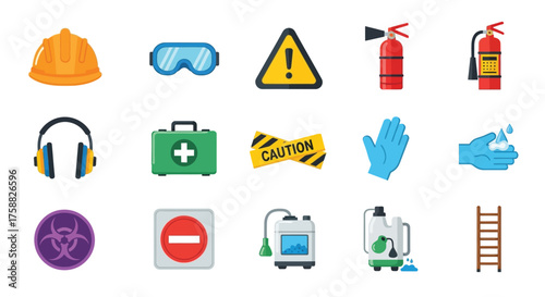 Essential workplace safety equipment and warning signs illustrated in a colorful design