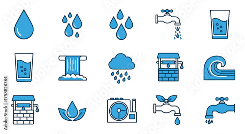 Illustrations of water droplets sources and various water related elements