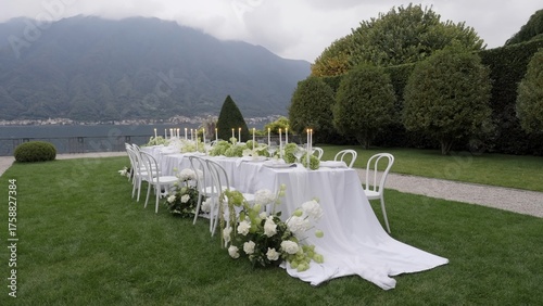 Elegant white wedding table setup overlooking lake como. Action