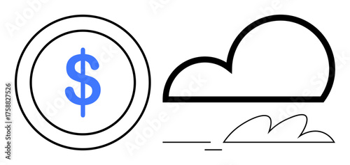 Blue dollar coin and a minimalistic cloud with abstract lines suggest finance, economy, digital savings, cloud computing, investment strategies, fintech innovation, and modern banking in a simple