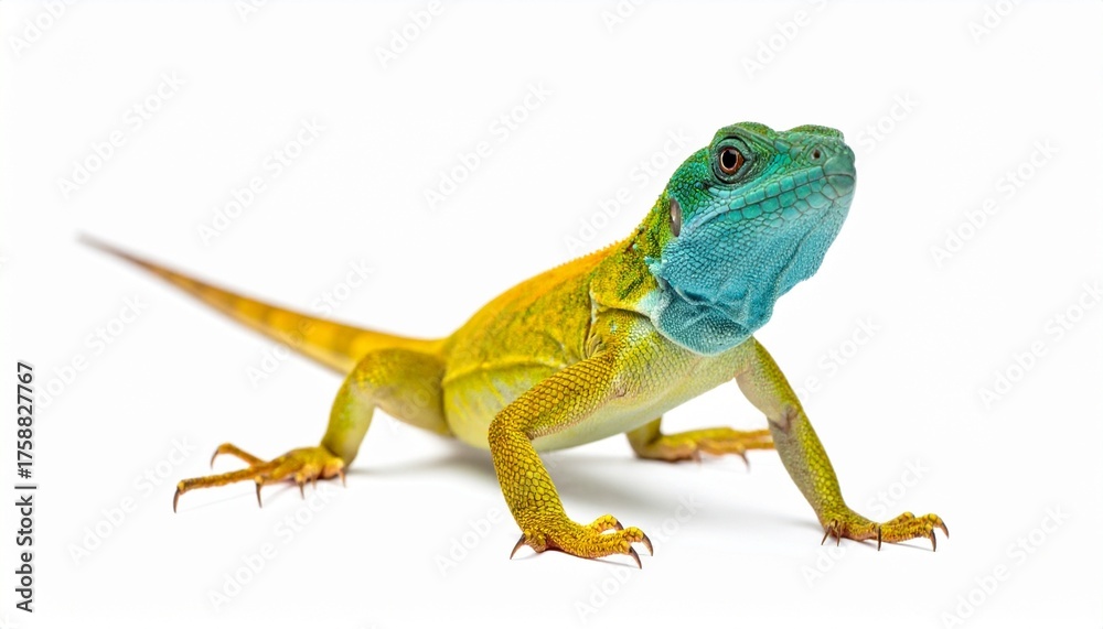 Obraz premium A brightly colored lizard with a vivid blue head and yellow-green body standing against a clean white background.