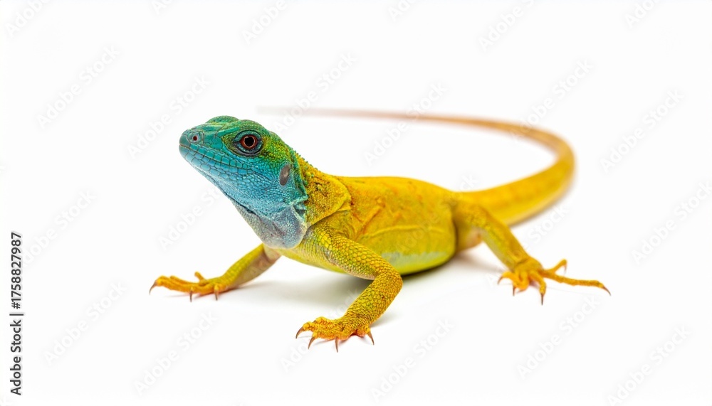 Obraz premium A brightly colored lizard with a vivid blue head and yellow-green body standing against a clean white background.